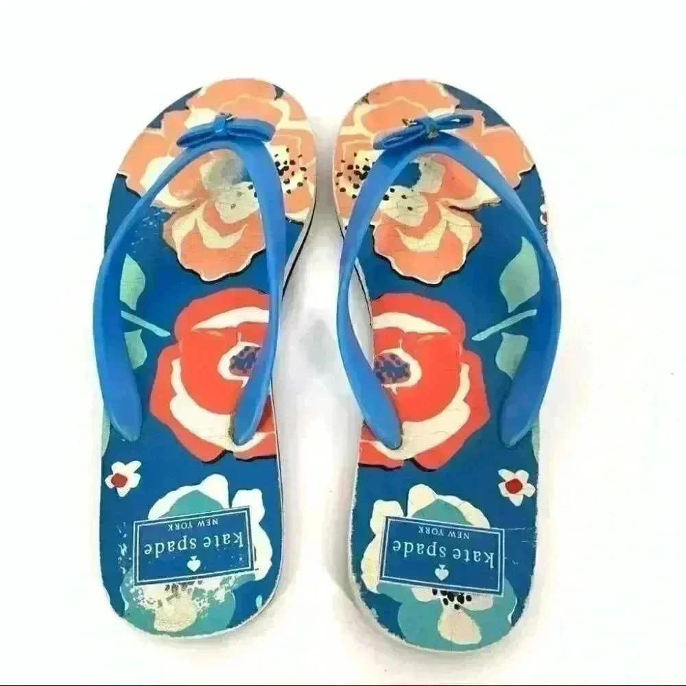Kate spade women sandals size 9-10 L multicolored floral tropical flip flops - Picture 3 of 9